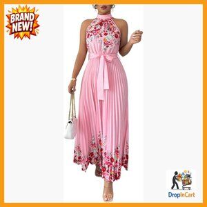 Floral Halter Maxi Dress Sleeveless Pleated A-Line Flowy Belted Elegant
